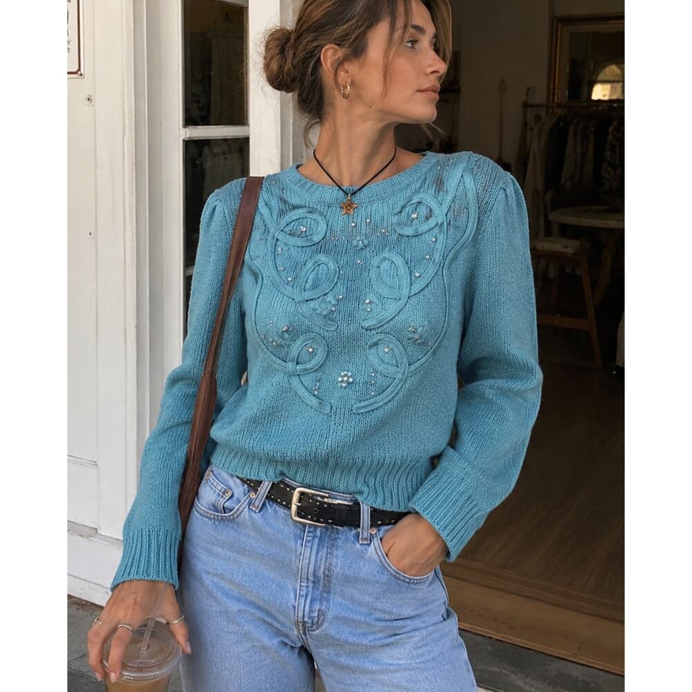 Vintage Teal Blue Appliqué Sweater Womens M Rhinestone 80s Fall Coquette